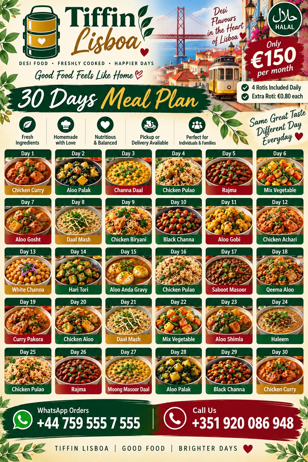 Tiffin Lisboa 30 day meal plan with Pakistani, Punjabi and Indian dishes